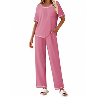Ekouaer Cotton Pajamas Sets for Women Soft Contrast Piping Lounge Set Two Piece Short Sleeve Pj