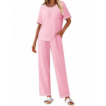 Ekouaer Cotton Pajamas Sets for Women Soft Contrast Piping Lounge Set Two Piece Short Sleeve Pj