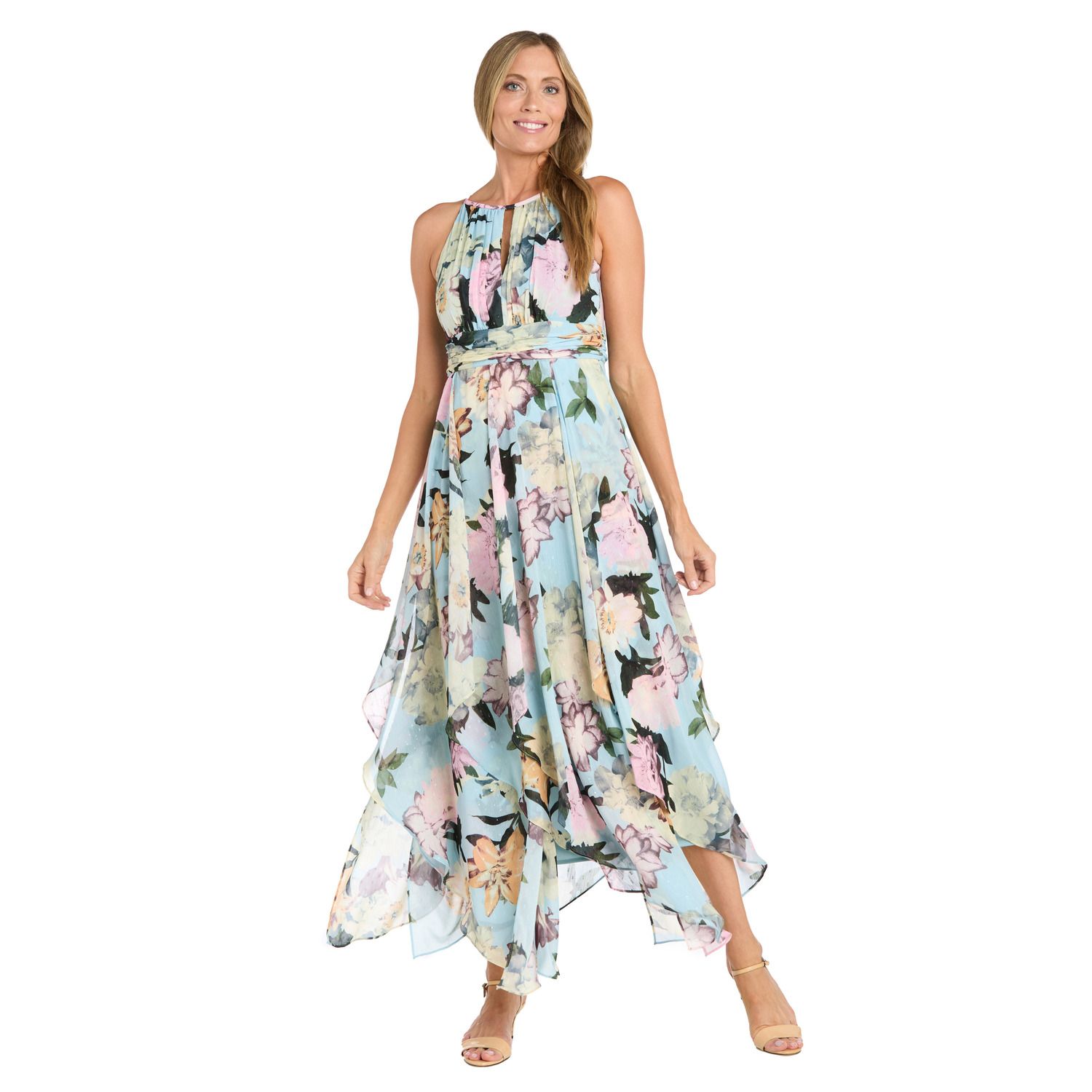 Женские платья R&M Richards Petite R&M Richards Floral Metallic Chiffon Halter Dress with Hankie Hem