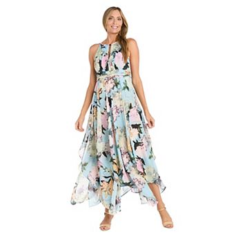 Petite R&M Richards Floral Metallic Chiffon Halter Dress with Hankie Hem