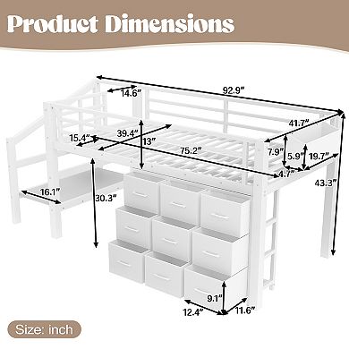 Heybly Twin Low Loft Bed with Storage Stairs, Fabric Drawers & Shelves,Lights, Space-Saving Design