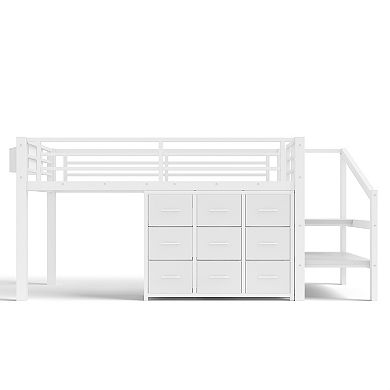 Heybly Twin Low Loft Bed with Storage Stairs, Fabric Drawers & Shelves,Lights, Space-Saving Design