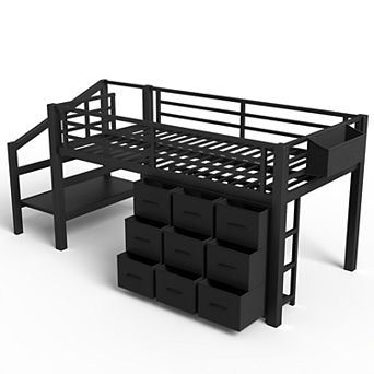 Heybly Twin Low Loft Bed with Storage Stairs, Fabric Drawers & Shelves,Lights, Space-Saving Design