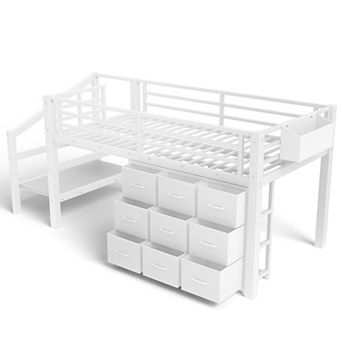 Heybly Twin Low Loft Bed with Storage Stairs, Fabric Drawers & Shelves,Lights, Space-Saving Design