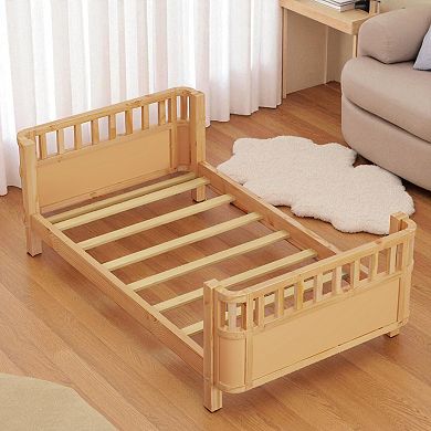 Lufeiya Twin Size Wood Platform Bed for Kids with Guardrails with Headboard and Footboard
