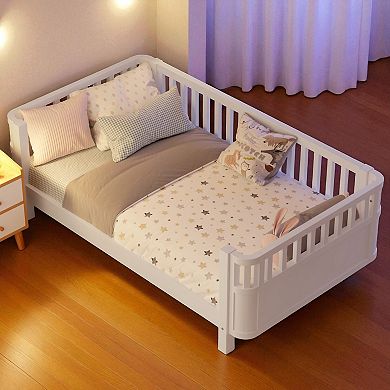 Lufeiya Twin Size Wood Platform Bed for Kids with Guardrails with Headboard and Footboard