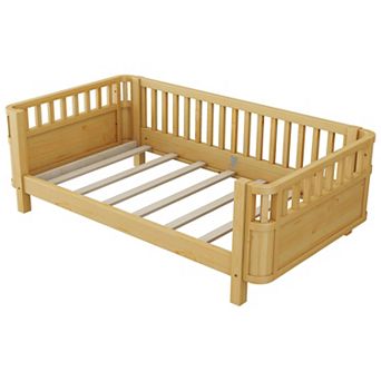 Lufeiya Twin Size Wood Platform Bed for Kids with Guardrails with Headboard and Footboard