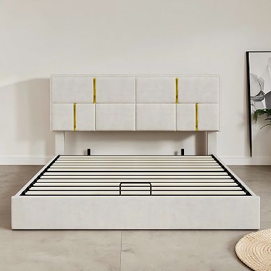 Lufeiya Queen Upholstered Platform Bed with Hydraulic Storage, Upholstered Headboard