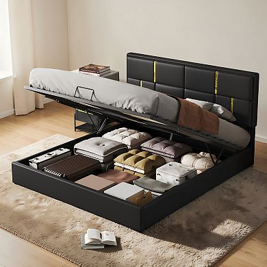Lufeiya Queen Upholstered Platform Bed with Hydraulic Storage, Upholstered Headboard