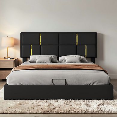 Lufeiya Queen Upholstered Platform Bed with Hydraulic Storage, Upholstered Headboard