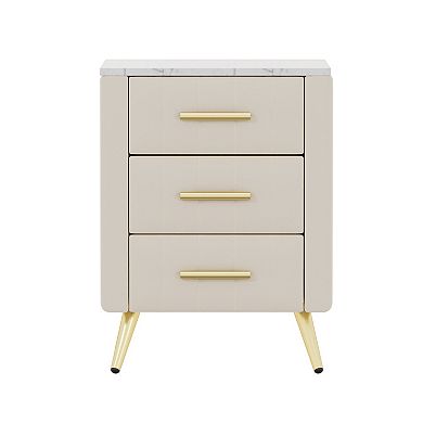 Lufeiya 3 Drawer Upholstered Nightstand with Storage, Marble Top and Metal Legs