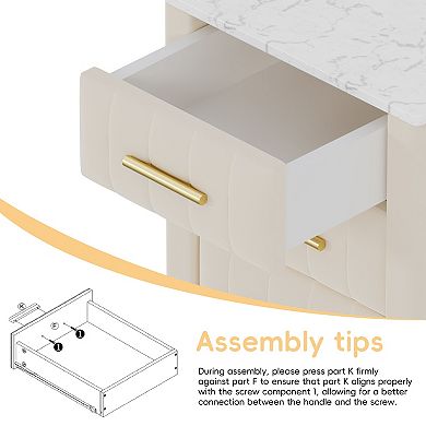 Lufeiya 3 Drawer Upholstered Nightstand with Storage, Marble Top and Metal Legs