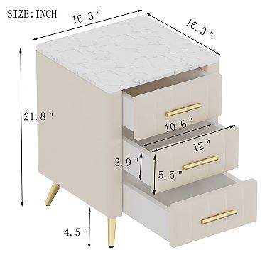 Lufeiya 3 Drawer Upholstered Nightstand with Storage, Marble Top and Metal Legs