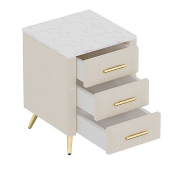 Lufeiya 3 Drawer Upholstered Nightstand with Storage, Marble Top and Metal Legs