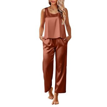 Ekouaer Womens Satin Pajamas Set Back Split Top and Long Pant Silk Pj Set Tank Sleepwear
