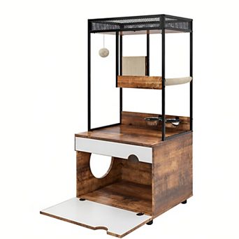 Heybly Cat Litter Box Enclosure with Cat Tree Tower with Scratching Posts and Storage