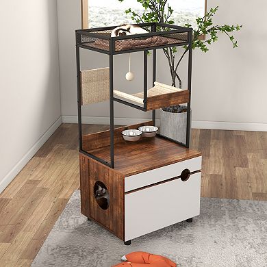 Heybly Cat Litter Box Enclosure with Cat Tree Tower with Scratching Posts and Storage