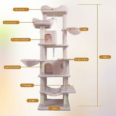 Heybly 68 Inch Multi-Level Cat Tree Tower with Hammocks, Hanging Basket, Cat Cave, Removable Cushion