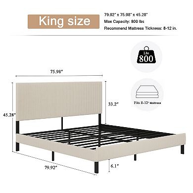 Lufeiya King Size Platform Bed Frame with Upholstered Headboard, Iron Structure, Noise-Free Support