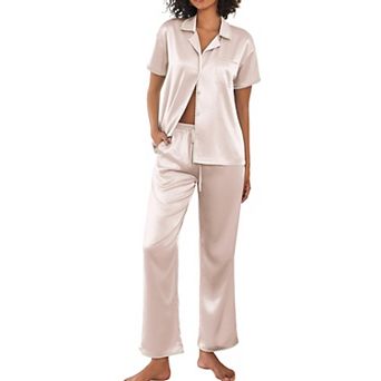 Ekouaer Silk Pajamas for Women Set Satin Two Piece Pjs Sets Ric Rac Trim Contrast Loungewear