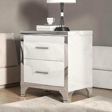 Lufeiya High Gloss Nightstand with 2 Drawers, Metal Handles and Legs