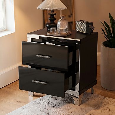 Lufeiya High Gloss Nightstand with 2 Drawers, Metal Handles and Legs