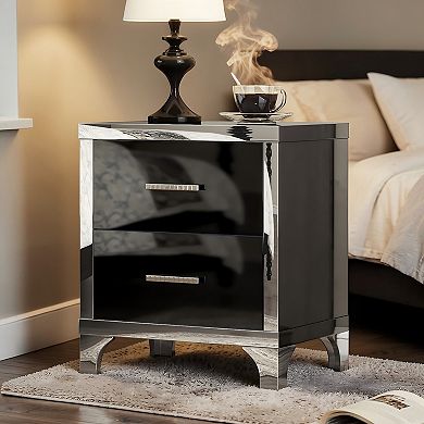 Lufeiya High Gloss Nightstand with 2 Drawers, Metal Handles and Legs
