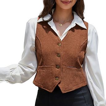 Women's Vintage V‑Neck Button Front Waistcoat Sleeveless Back Adjustable Vest