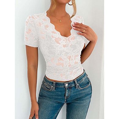 Seoria Womens Short Sleeve Lace Blouse V Neck Fitted Casual Top
