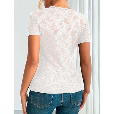 Seoria Womens Short Sleeve Lace Blouse V Neck Fitted Casual Top