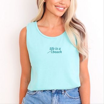 Embroidered Life Is A Beach Wave - Women's Garment Dyed Graphic Tank Top