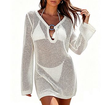 Women Crochet Knit Cover-Up Dress Long Sleeve Beach Tunic with O-Ring