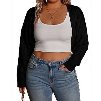 Plus Size Women Cable Knit Cropped Cardigan Long Sleeve Open Front Lightweight Casual Knit Outerwear