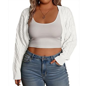 Plus Size Women Cable Knit Cropped Cardigan Long Sleeve Open Front Lightweight Casual Knit Outerwear