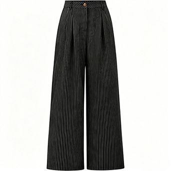 Women's High Waist Striped Wide Leg Pants, Casual Pleated Palazzo Trousers with Pockets
