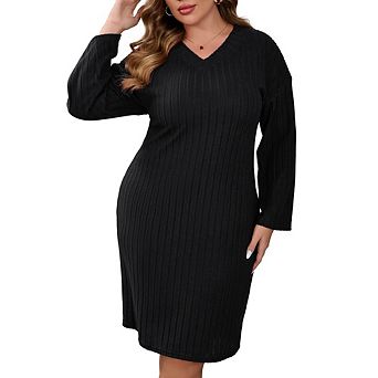 Women's Plus Size Ribbed Knit Sweater Dress, V-Neck Drop Shoulder Long Sleeve Casual Midi Dress