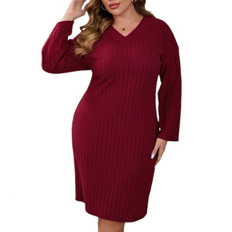 burgundy v neck sweater dress Women's Plus Size Ribbed Knit Dress, V-Neck Drop Shoulder Long Sleeve Casual Midi Burgundy Formal Dresses One Shoulder Black Maxi Size:10XL | 48 (for waist size 52