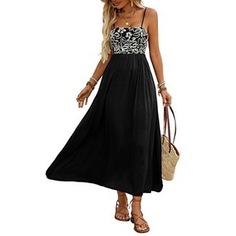 Women Summer Sleeveless Dress Spaghetti Strap Floral Patchwork Smocked Maxi Dress Beach Sundress