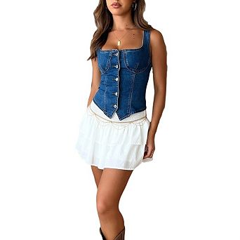 Women's Halter Top Square Neck Button Front Slim Fit Crop Vest