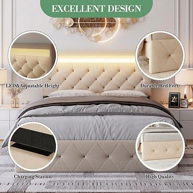 Bed Frame with LED Lights & Charging Station, Adjustable Upholstered Headboard, No Box Spring Needed