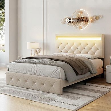 Bed Frame with LED Lights & Charging Station, Adjustable Upholstered Headboard, No Box Spring Needed