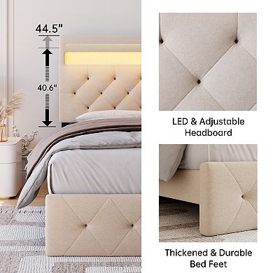 Bed Frame with LED Lights & Charging Station, Adjustable Upholstered Headboard, No Box Spring Needed