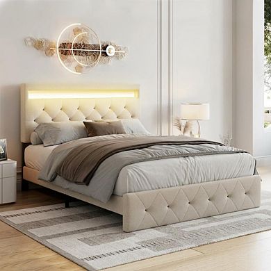 Bed Frame with LED Lights & Charging Station, Adjustable Upholstered Headboard, No Box Spring Needed
