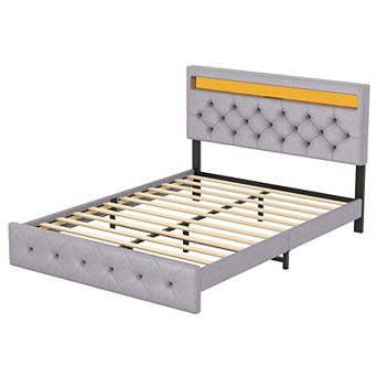 Bed Frame with LED Lights & Charging Station, Adjustable Upholstered Headboard, No Box Spring Needed