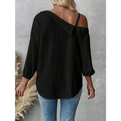 Women's Asymmetrical Off Shoulder Three Quarter Sleeve Button Up Shirt Textured Single Shirt