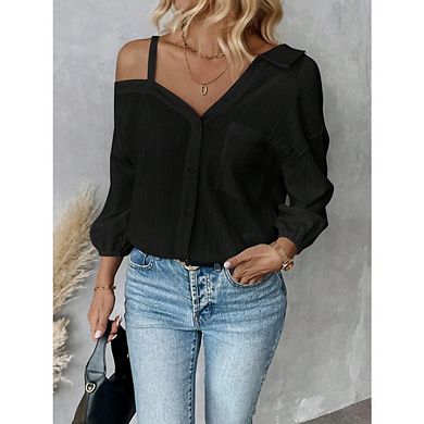 Women's Asymmetrical Off Shoulder Three Quarter Sleeve Button Up Shirt Textured Single Shirt