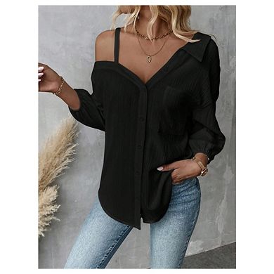 Women's Asymmetrical Off Shoulder Three Quarter Sleeve Button Up Shirt Textured Single Shirt