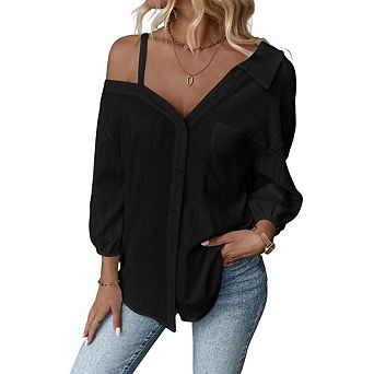 Women's Asymmetrical Off Shoulder Three Quarter Sleeve Button Up Shirt Textured Single Shirt