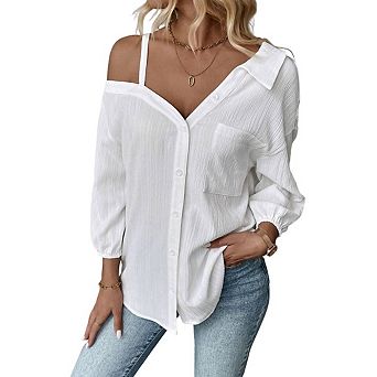 Women's Asymmetrical Off Shoulder Three Quarter Sleeve Button Up Shirt Textured Single Shirt