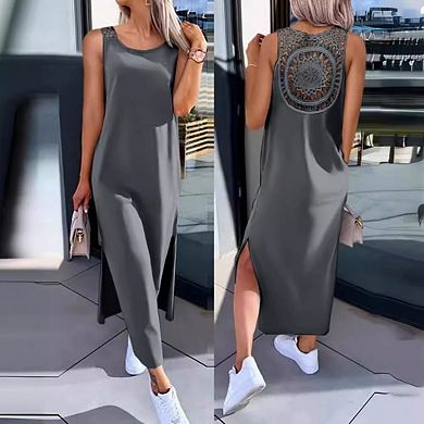 Women's Sleevelee Casual Scoop Neck Basic Split Maxi Tank Dress